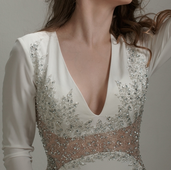 RARE Bebe White Long Sleeve Deep Plunge V Neck Crystal Mesh Gown / Wedding Dress - Picture 1 of 17